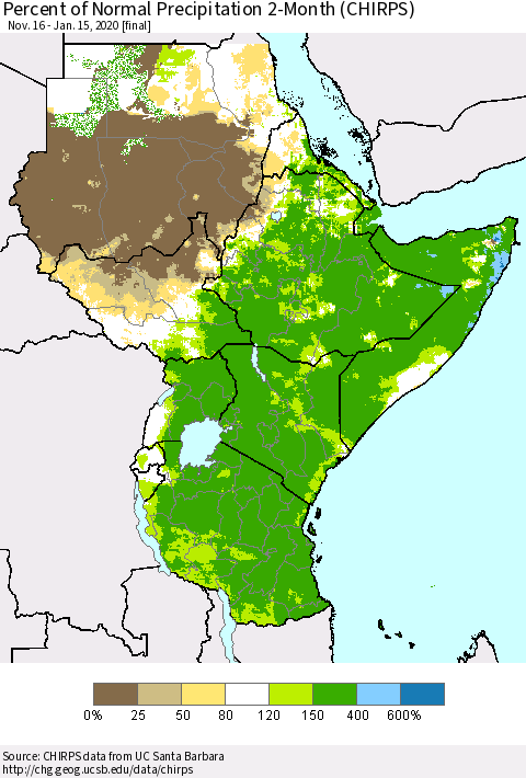 Eastern Africa Percent of Normal Precipitation 2-Month (CHIRPS) Thematic Map For 11/16/2019 - 1/15/2020