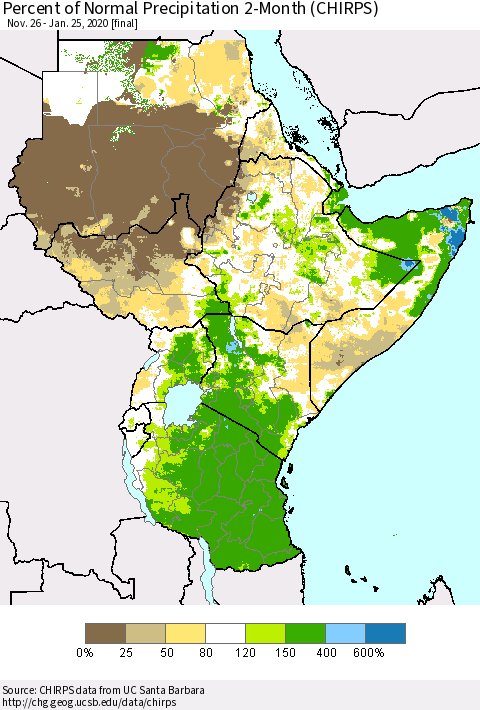 Eastern Africa Percent of Normal Precipitation 2-Month (CHIRPS) Thematic Map For 11/26/2019 - 1/25/2020