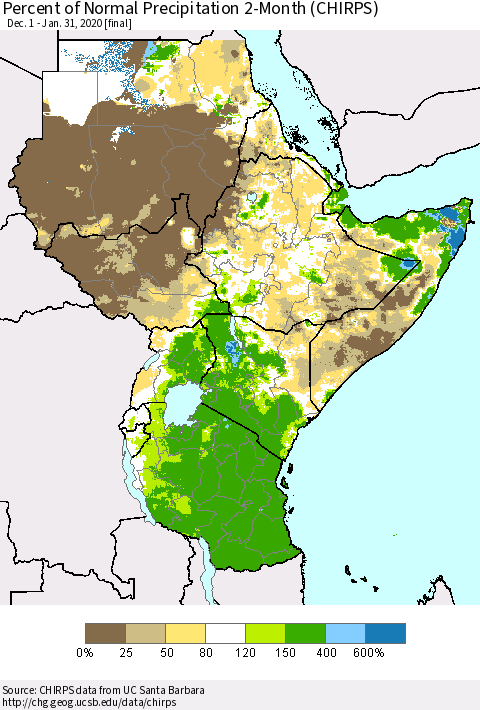 Eastern Africa Percent of Normal Precipitation 2-Month (CHIRPS) Thematic Map For 12/1/2019 - 1/31/2020
