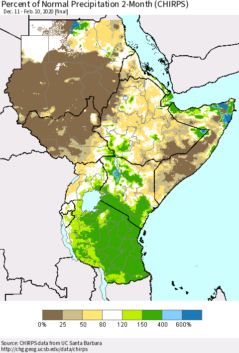 Eastern Africa Percent of Normal Precipitation 2-Month (CHIRPS) Thematic Map For 12/11/2019 - 2/10/2020