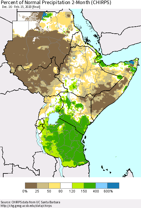 Eastern Africa Percent of Normal Precipitation 2-Month (CHIRPS) Thematic Map For 12/16/2019 - 2/15/2020