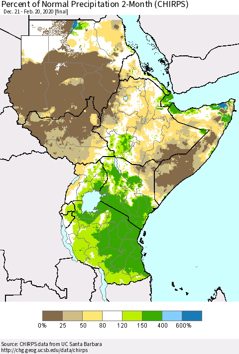 Eastern Africa Percent of Normal Precipitation 2-Month (CHIRPS) Thematic Map For 12/21/2019 - 2/20/2020