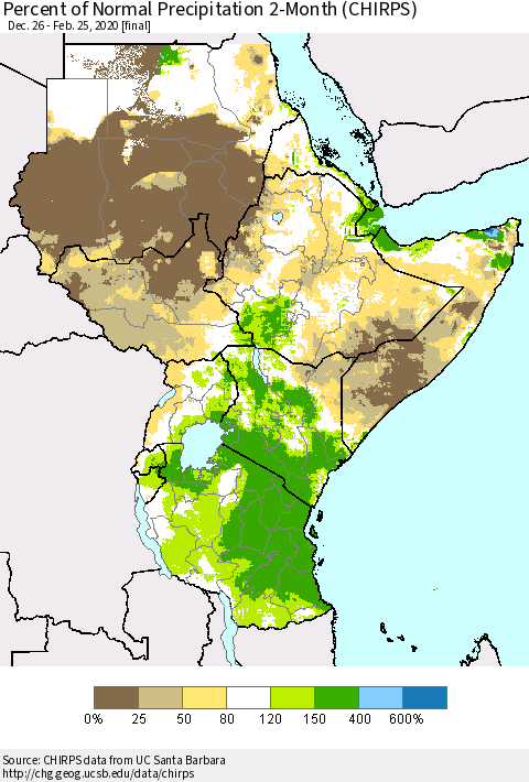 Eastern Africa Percent of Normal Precipitation 2-Month (CHIRPS) Thematic Map For 12/26/2019 - 2/25/2020