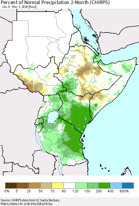 Eastern Africa Percent of Normal Precipitation 2-Month (CHIRPS) Thematic Map For 1/6/2020 - 3/5/2020