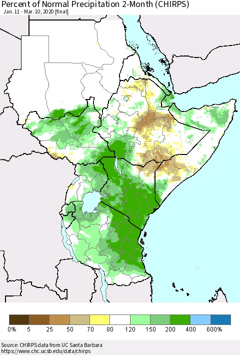 Eastern Africa Percent of Normal Precipitation 2-Month (CHIRPS) Thematic Map For 1/11/2020 - 3/10/2020