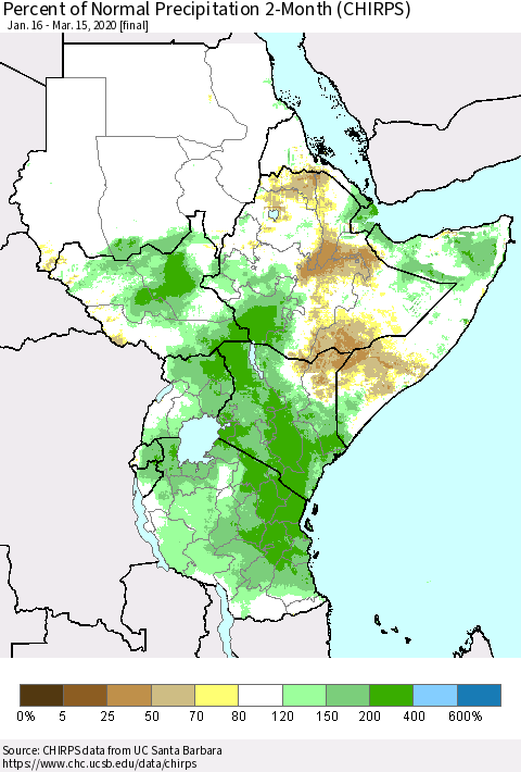 Eastern Africa Percent of Normal Precipitation 2-Month (CHIRPS) Thematic Map For 1/16/2020 - 3/15/2020