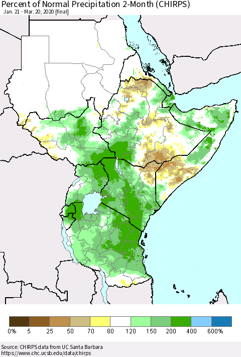 Eastern Africa Percent of Normal Precipitation 2-Month (CHIRPS) Thematic Map For 1/21/2020 - 3/20/2020