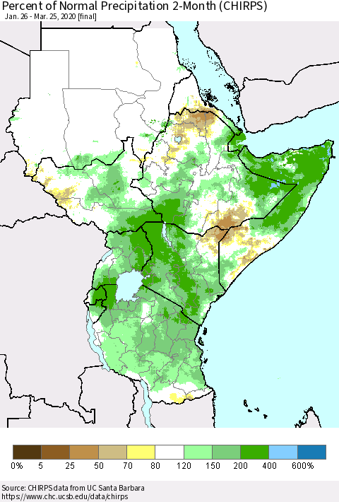Eastern Africa Percent of Normal Precipitation 2-Month (CHIRPS) Thematic Map For 1/26/2020 - 3/25/2020
