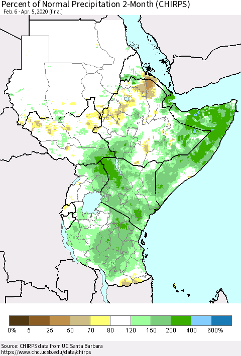 Eastern Africa Percent of Normal Precipitation 2-Month (CHIRPS) Thematic Map For 2/6/2020 - 4/5/2020