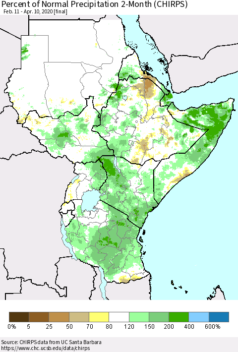 Eastern Africa Percent of Normal Precipitation 2-Month (CHIRPS) Thematic Map For 2/11/2020 - 4/10/2020
