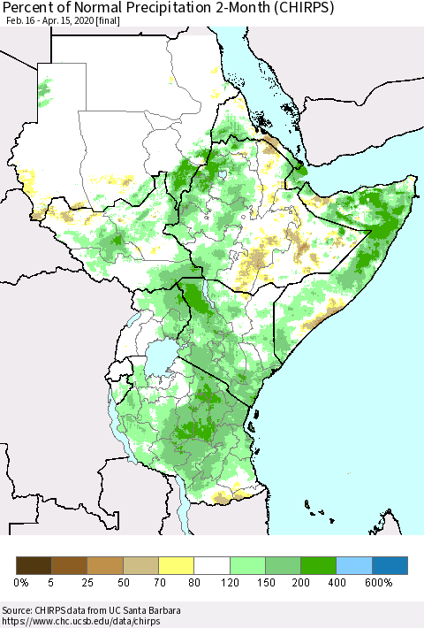 Eastern Africa Percent of Normal Precipitation 2-Month (CHIRPS) Thematic Map For 2/16/2020 - 4/15/2020