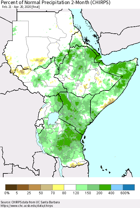 Eastern Africa Percent of Normal Precipitation 2-Month (CHIRPS) Thematic Map For 2/21/2020 - 4/20/2020
