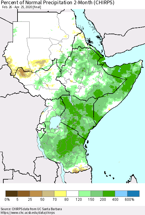Eastern Africa Percent of Normal Precipitation 2-Month (CHIRPS) Thematic Map For 2/26/2020 - 4/25/2020