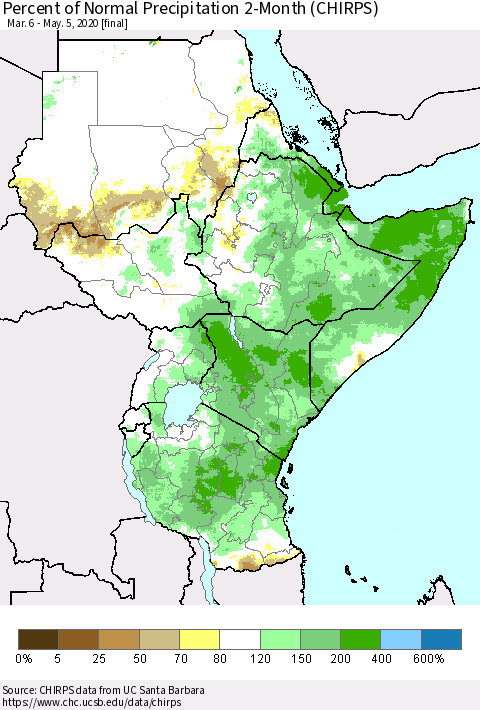 Eastern Africa Percent of Normal Precipitation 2-Month (CHIRPS) Thematic Map For 3/6/2020 - 5/5/2020
