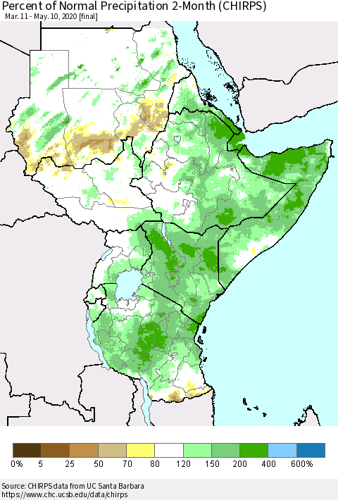 Eastern Africa Percent of Normal Precipitation 2-Month (CHIRPS) Thematic Map For 3/11/2020 - 5/10/2020