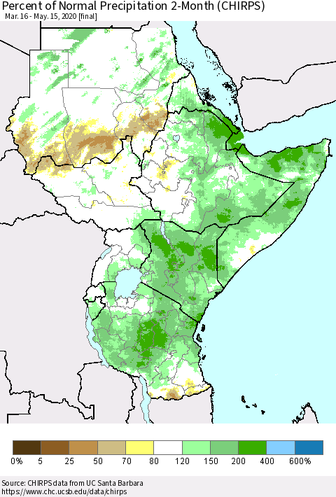 Eastern Africa Percent of Normal Precipitation 2-Month (CHIRPS) Thematic Map For 3/16/2020 - 5/15/2020