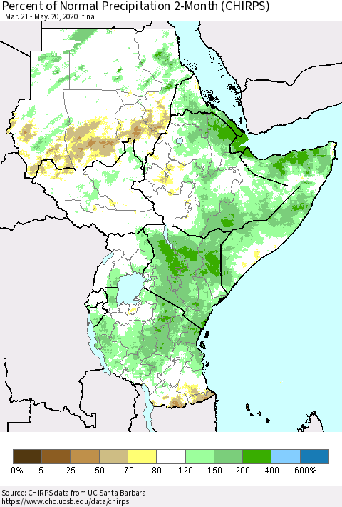 Eastern Africa Percent of Normal Precipitation 2-Month (CHIRPS) Thematic Map For 3/21/2020 - 5/20/2020