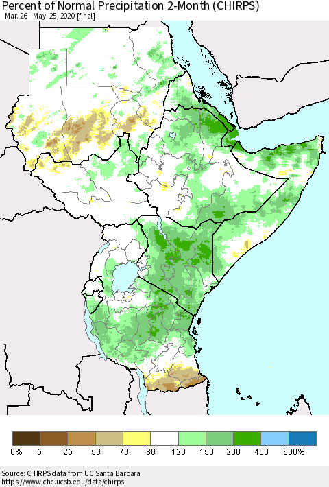 Eastern Africa Percent of Normal Precipitation 2-Month (CHIRPS) Thematic Map For 3/26/2020 - 5/25/2020