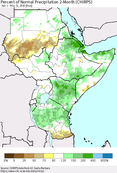 Eastern Africa Percent of Normal Precipitation 2-Month (CHIRPS) Thematic Map For 4/1/2020 - 5/31/2020