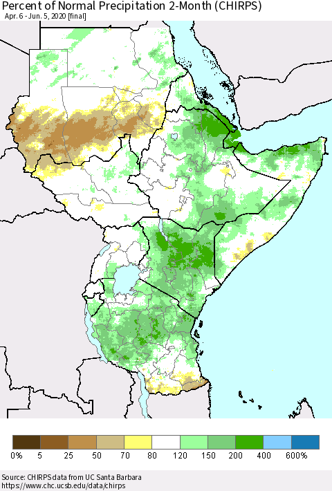 Eastern Africa Percent of Normal Precipitation 2-Month (CHIRPS) Thematic Map For 4/6/2020 - 6/5/2020