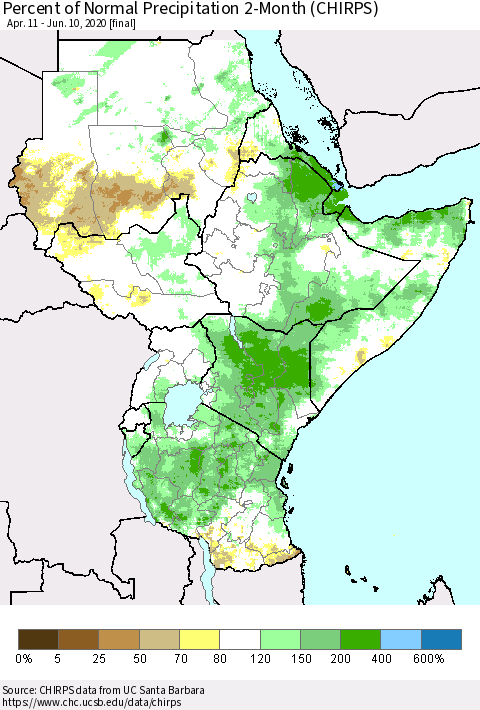 Eastern Africa Percent of Normal Precipitation 2-Month (CHIRPS) Thematic Map For 4/11/2020 - 6/10/2020
