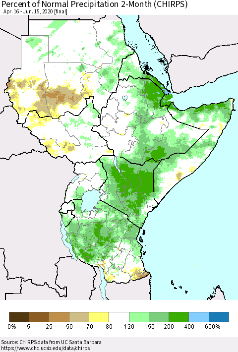 Eastern Africa Percent of Normal Precipitation 2-Month (CHIRPS) Thematic Map For 4/16/2020 - 6/15/2020