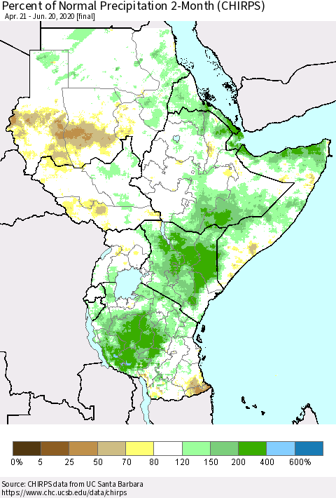 Eastern Africa Percent of Normal Precipitation 2-Month (CHIRPS) Thematic Map For 4/21/2020 - 6/20/2020