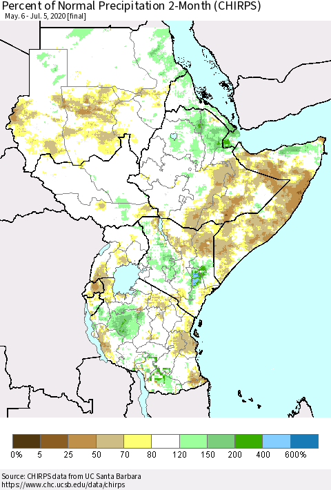Eastern Africa Percent of Normal Precipitation 2-Month (CHIRPS) Thematic Map For 5/6/2020 - 7/5/2020