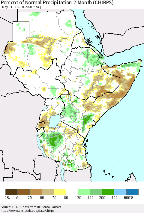 Eastern Africa Percent of Normal Precipitation 2-Month (CHIRPS) Thematic Map For 5/11/2020 - 7/10/2020