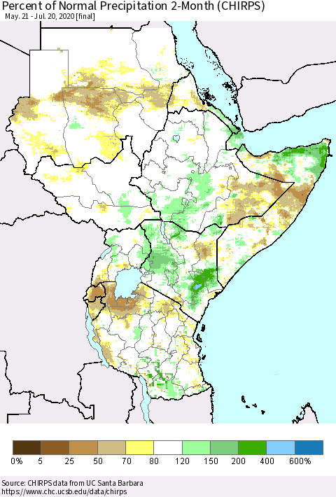 Eastern Africa Percent of Normal Precipitation 2-Month (CHIRPS) Thematic Map For 5/21/2020 - 7/20/2020