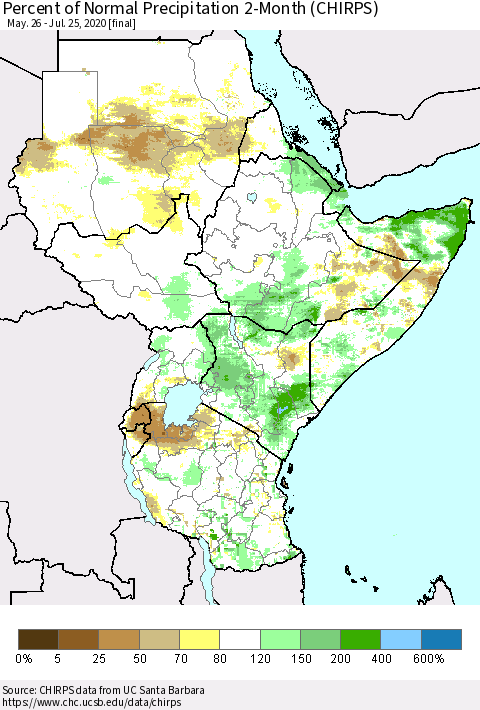 Eastern Africa Percent of Normal Precipitation 2-Month (CHIRPS) Thematic Map For 5/26/2020 - 7/25/2020