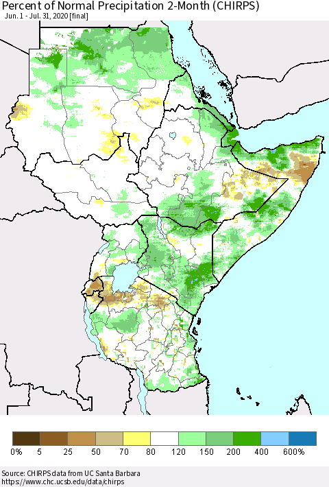 Eastern Africa Percent of Normal Precipitation 2-Month (CHIRPS) Thematic Map For 6/1/2020 - 7/31/2020