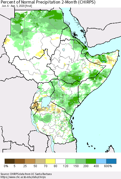Eastern Africa Percent of Normal Precipitation 2-Month (CHIRPS) Thematic Map For 6/6/2020 - 8/5/2020
