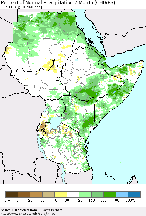 Eastern Africa Percent of Normal Precipitation 2-Month (CHIRPS) Thematic Map For 6/11/2020 - 8/10/2020