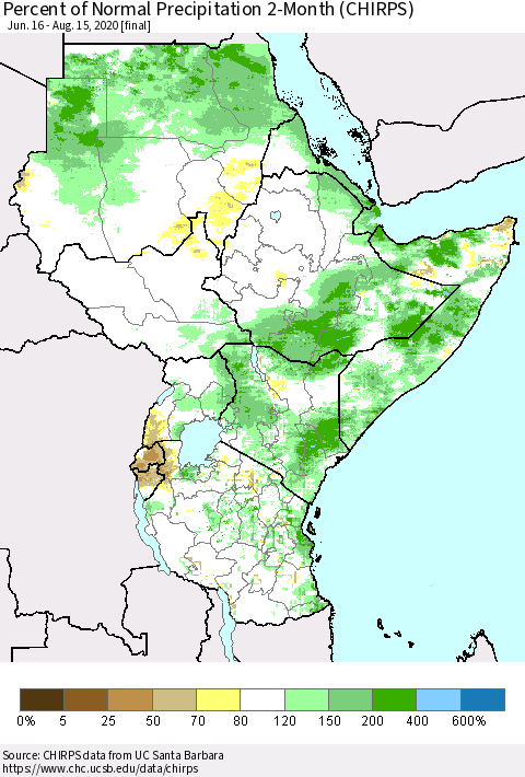 Eastern Africa Percent of Normal Precipitation 2-Month (CHIRPS) Thematic Map For 6/16/2020 - 8/15/2020