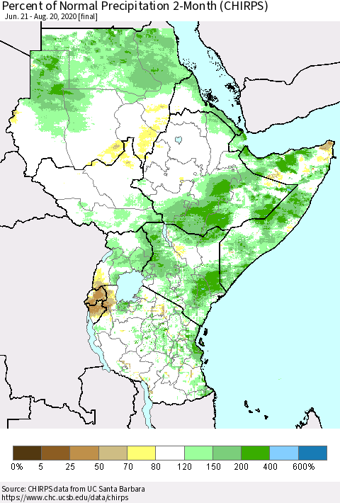 Eastern Africa Percent of Normal Precipitation 2-Month (CHIRPS) Thematic Map For 6/21/2020 - 8/20/2020