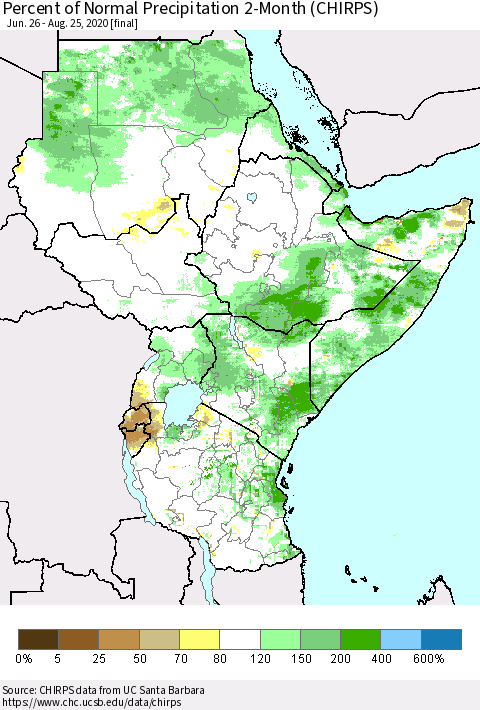 Eastern Africa Percent of Normal Precipitation 2-Month (CHIRPS) Thematic Map For 6/26/2020 - 8/25/2020