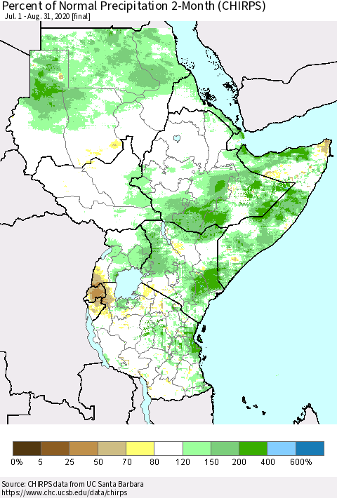 Eastern Africa Percent of Normal Precipitation 2-Month (CHIRPS) Thematic Map For 7/1/2020 - 8/31/2020