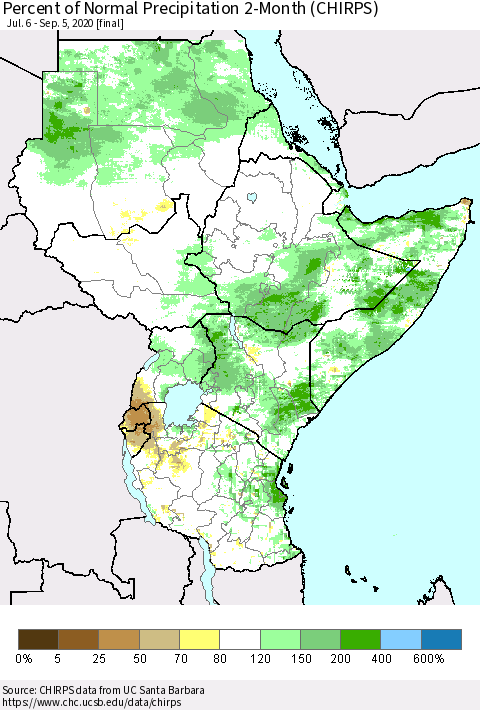 Eastern Africa Percent of Normal Precipitation 2-Month (CHIRPS) Thematic Map For 7/6/2020 - 9/5/2020