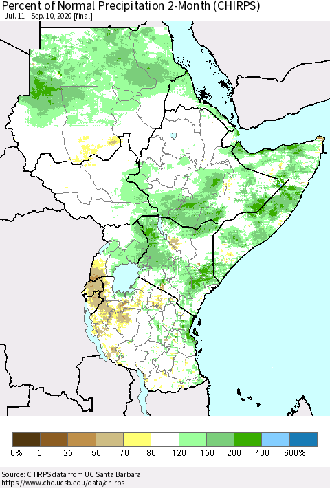 Eastern Africa Percent of Normal Precipitation 2-Month (CHIRPS) Thematic Map For 7/11/2020 - 9/10/2020
