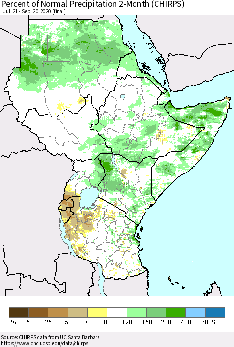 Eastern Africa Percent of Normal Precipitation 2-Month (CHIRPS) Thematic Map For 7/21/2020 - 9/20/2020