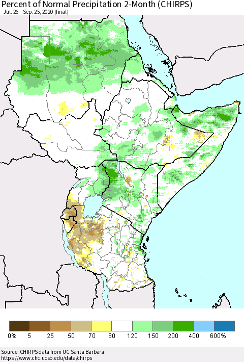 Eastern Africa Percent of Normal Precipitation 2-Month (CHIRPS) Thematic Map For 7/26/2020 - 9/25/2020