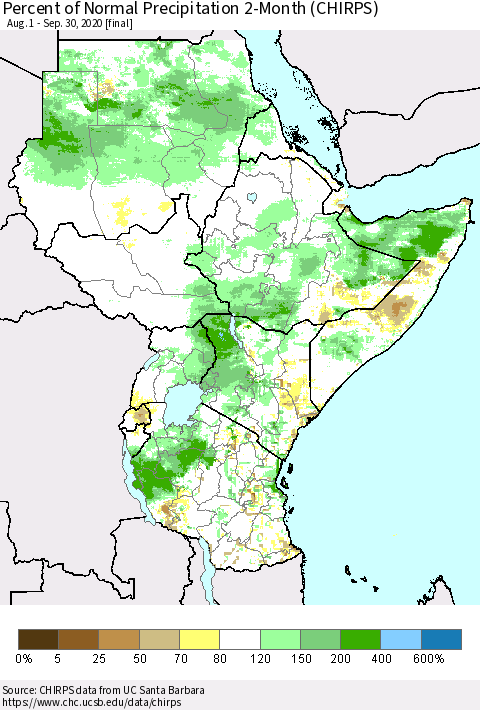 Eastern Africa Percent of Normal Precipitation 2-Month (CHIRPS) Thematic Map For 8/1/2020 - 9/30/2020