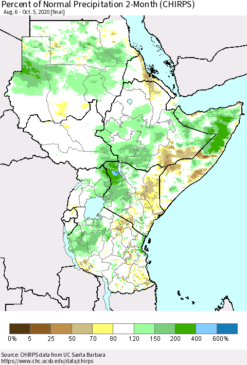 Eastern Africa Percent of Normal Precipitation 2-Month (CHIRPS) Thematic Map For 8/6/2020 - 10/5/2020