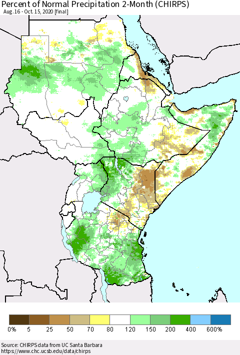 Eastern Africa Percent of Normal Precipitation 2-Month (CHIRPS) Thematic Map For 8/16/2020 - 10/15/2020