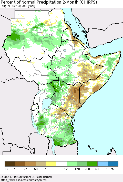 Eastern Africa Percent of Normal Precipitation 2-Month (CHIRPS) Thematic Map For 8/21/2020 - 10/20/2020