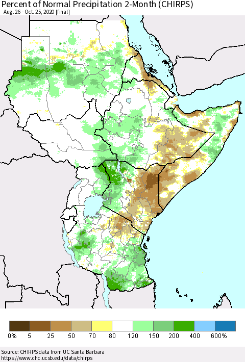 Eastern Africa Percent of Normal Precipitation 2-Month (CHIRPS) Thematic Map For 8/26/2020 - 10/25/2020