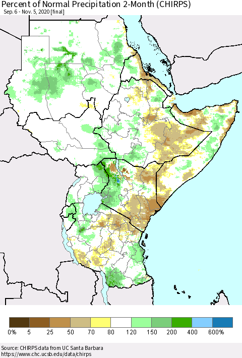Eastern Africa Percent of Normal Precipitation 2-Month (CHIRPS) Thematic Map For 9/6/2020 - 11/5/2020