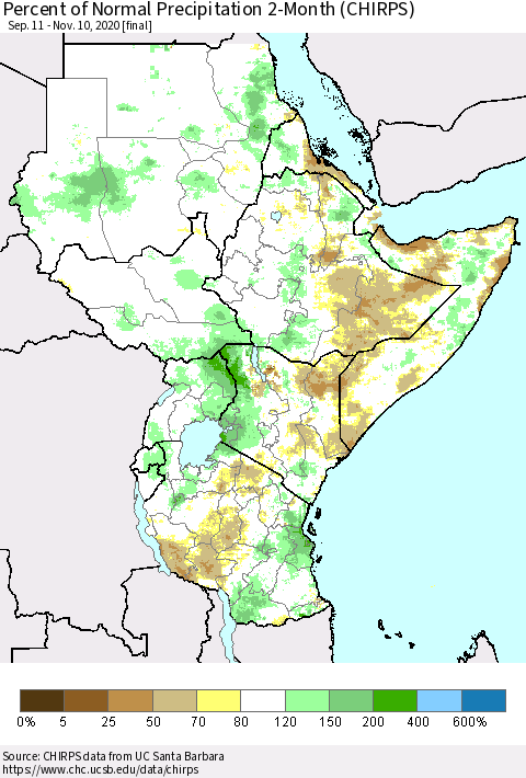 Eastern Africa Percent of Normal Precipitation 2-Month (CHIRPS) Thematic Map For 9/11/2020 - 11/10/2020