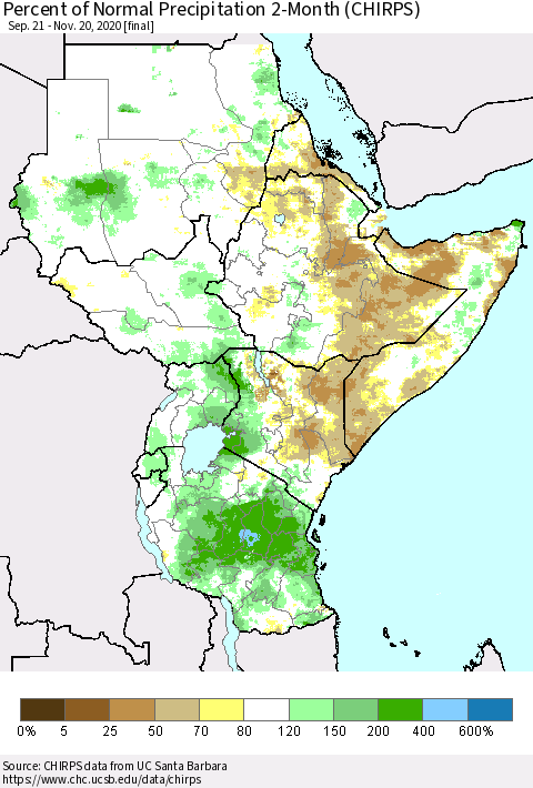 Eastern Africa Percent of Normal Precipitation 2-Month (CHIRPS) Thematic Map For 9/21/2020 - 11/20/2020